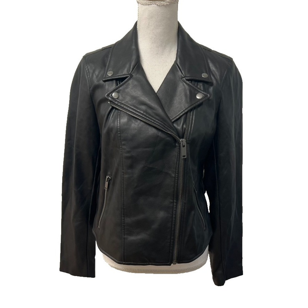 Gap Faux Leather Biker Moto Jacket Womens Medium Black Edgy Rocker Gorpcore